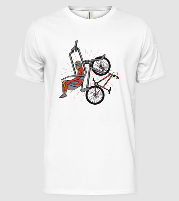 Biciclist montain bike pe teleferic model alb pe tricou