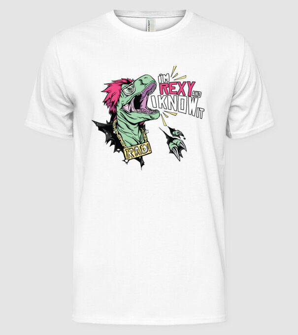 'I''m Rexy and I know it - tricou dinozaur amuzant' model alb pe tricou
