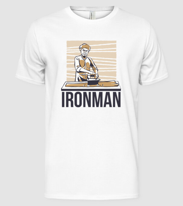 Ironman Om care calcă (montează metal) model alb pe tricou