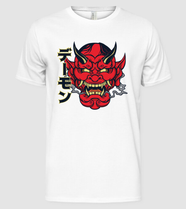 Mască demon chinez model alb pe tricou