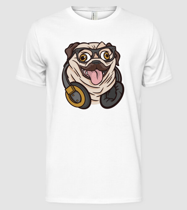 Mops cu căști model alb pe tricou