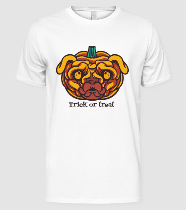 Mops cap de dovleac Halloween model alb pe tricou
