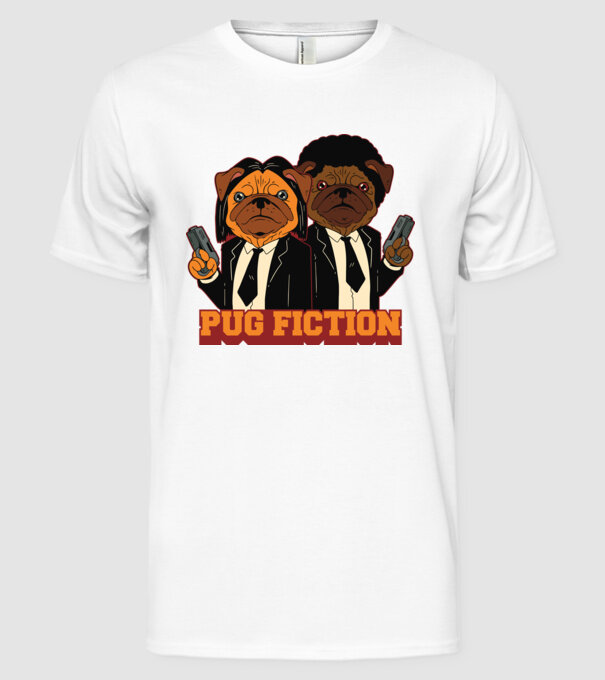 Pug Fiction Pugs Mops Pulp Fiction parodie model alb pe tricou