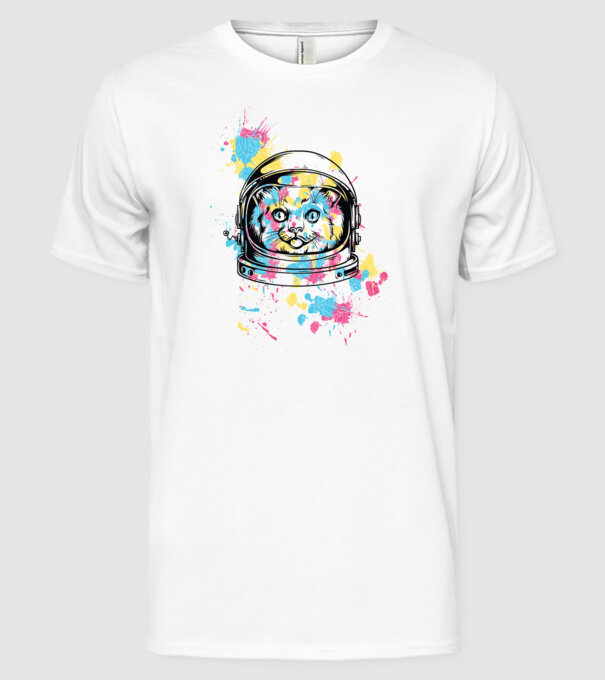 Space Cat model alb pe tricou