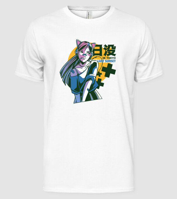 Fată Anime Sunset Tokyo model alb pe tricou
