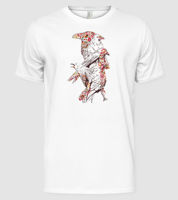 Păsări colorate model alb pe tricou