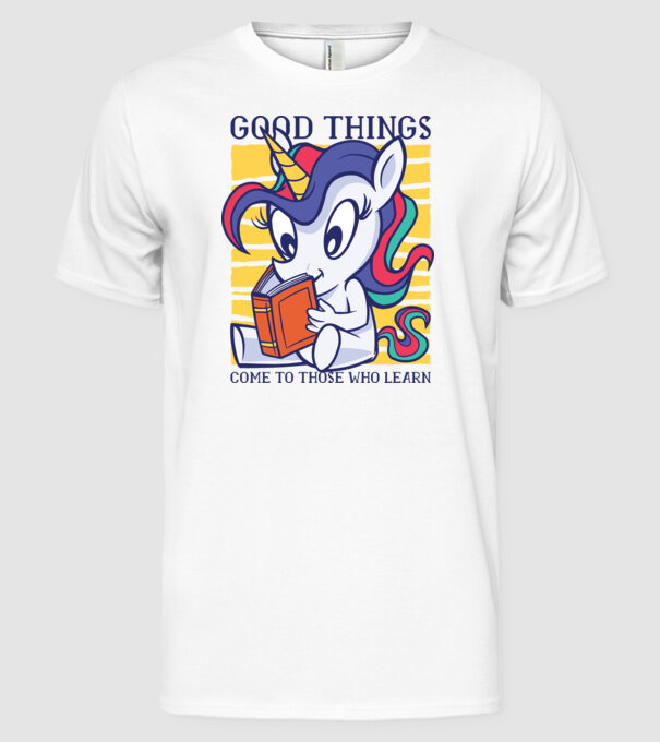 Student unicorn model alb pe tricou