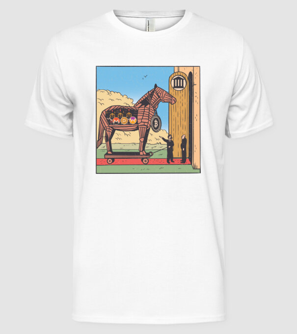 Cal troian Bitcoin model alb pe tricou