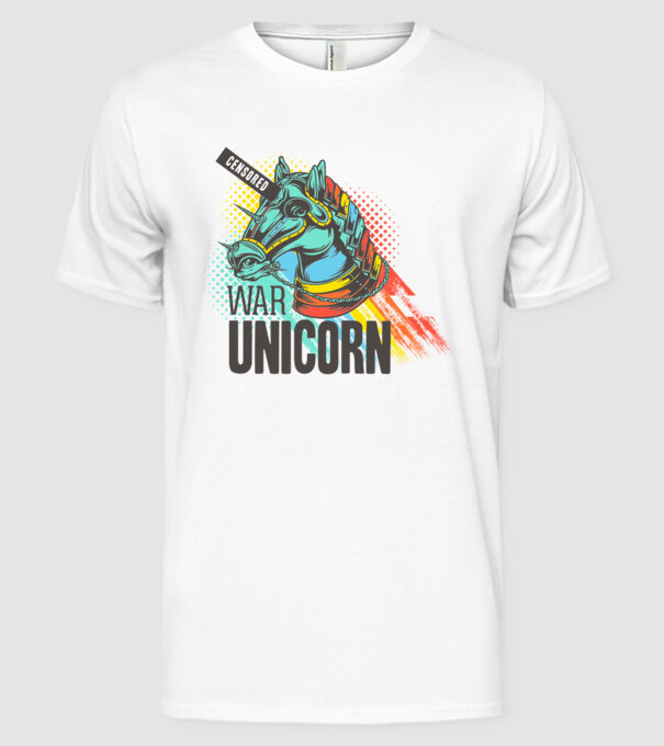 War Unicorn model alb pe tricou