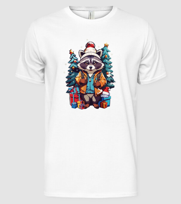 Crăciunul ratonilor model alb pe tricou