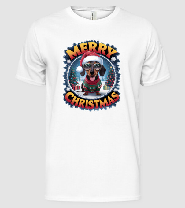 Merry Christmas Teckel model alb pe tricou