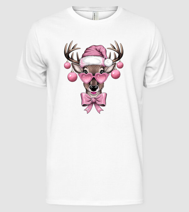 Pink Xmas Reindeer model alb pe tricou