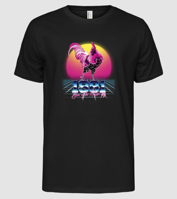 1981 Year of the Rooster model negru pe tricou