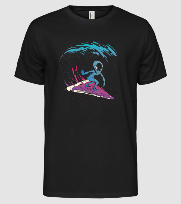 Alien Pizza Surf tricou amuzant model negru pe tricou