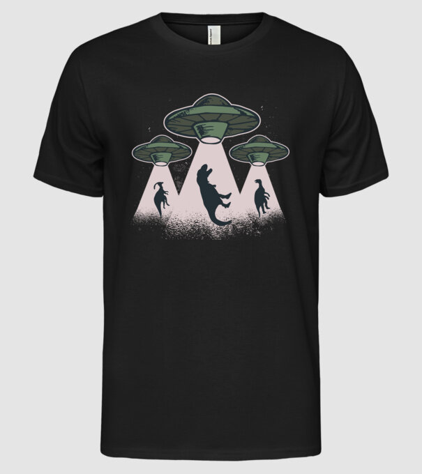Alien OZN dinozaur model negru pe tricou