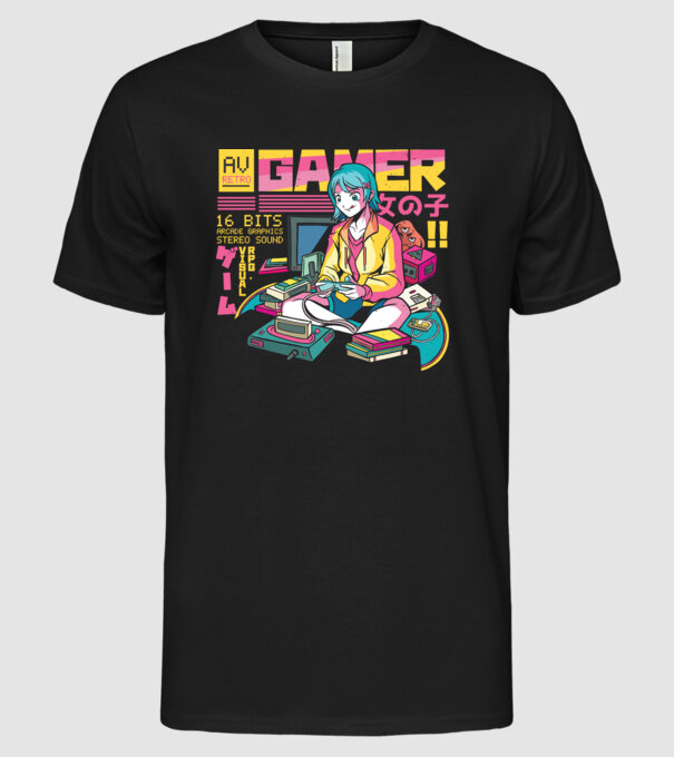 Anime fată Gamer model negru pe tricou