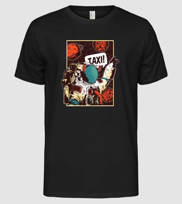 Astronaut Taxi model negru pe tricou