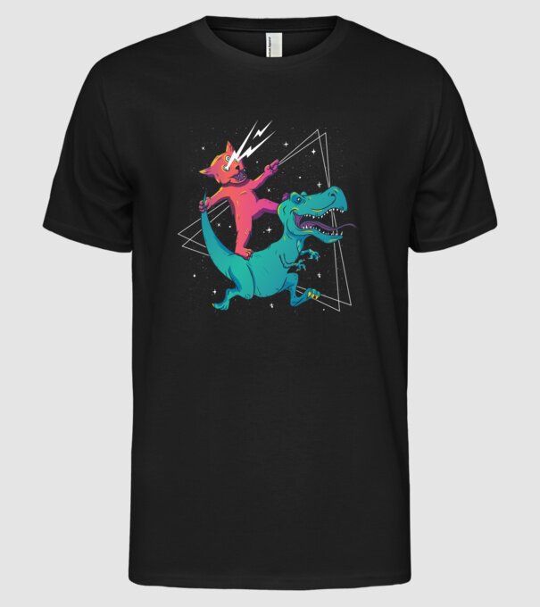 Pisică drogată pe dinozaur model negru pe tricou