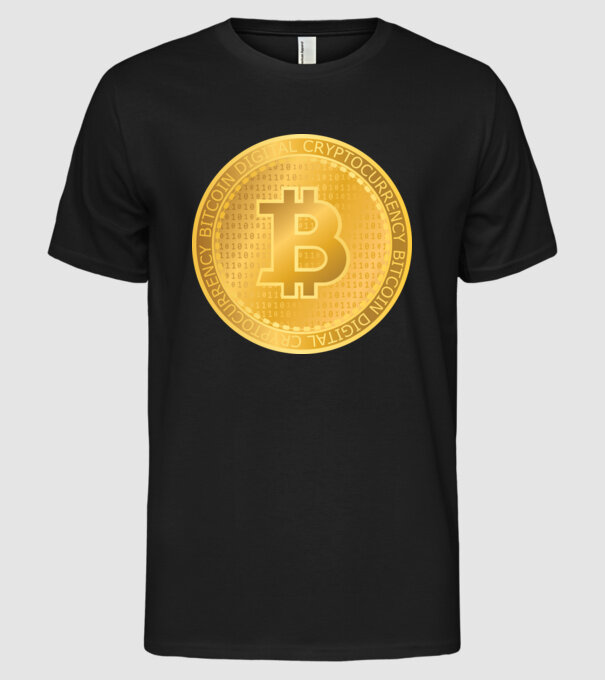 Monedă de aur Bitcoin model negru pe tricou