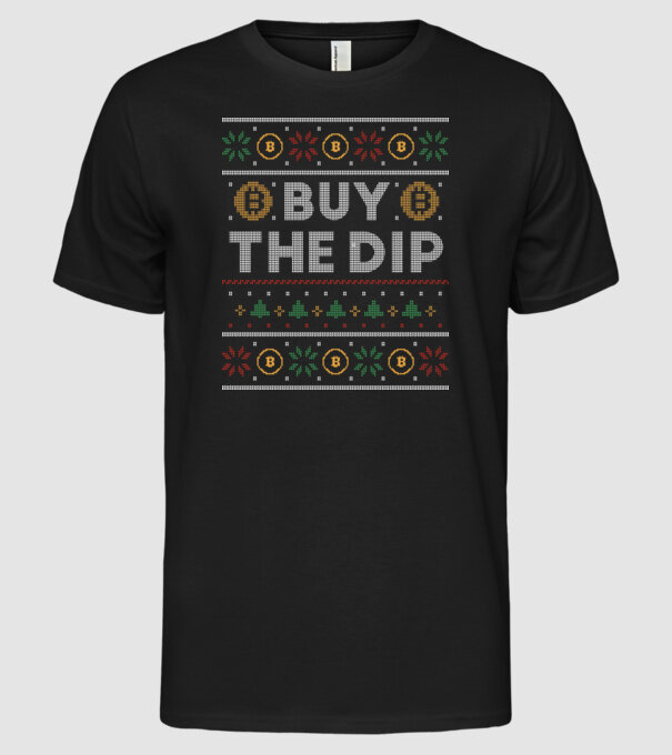 Buy the Dip Bitcoin Ugly Sweater model negru pe tricou