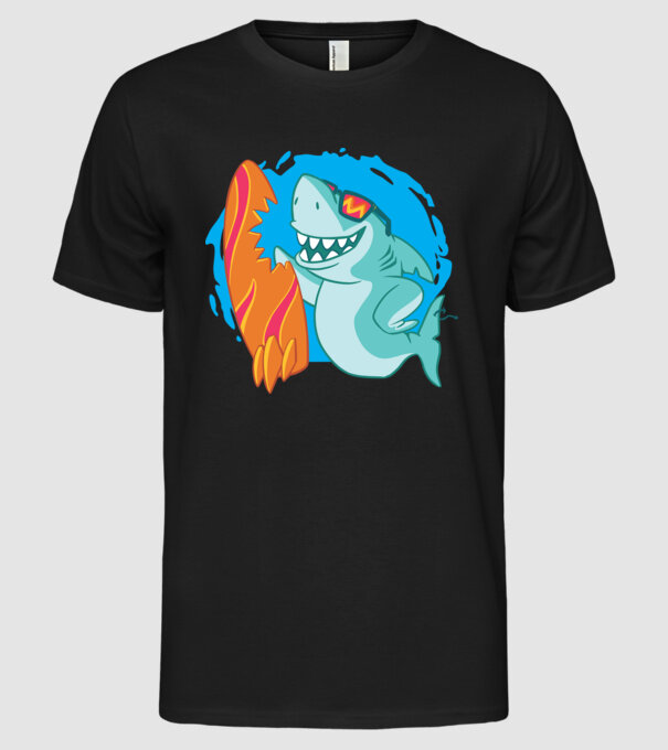 Mușcătură rechin Surf model negru pe tricou