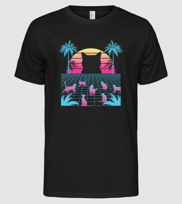 Pisică Vaporwave neon model negru pe tricou