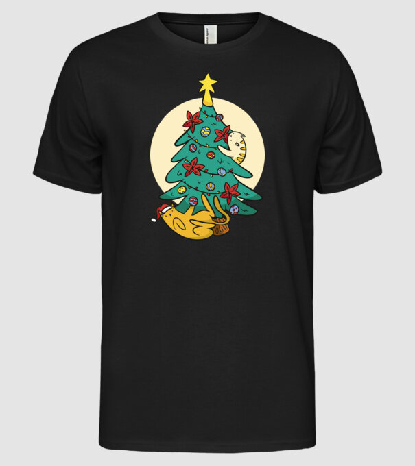 Crăciun cu pisică model negru pe tricou