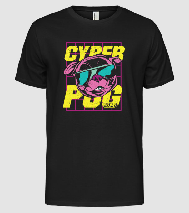 Mops Cyber Pug model negru pe tricou
