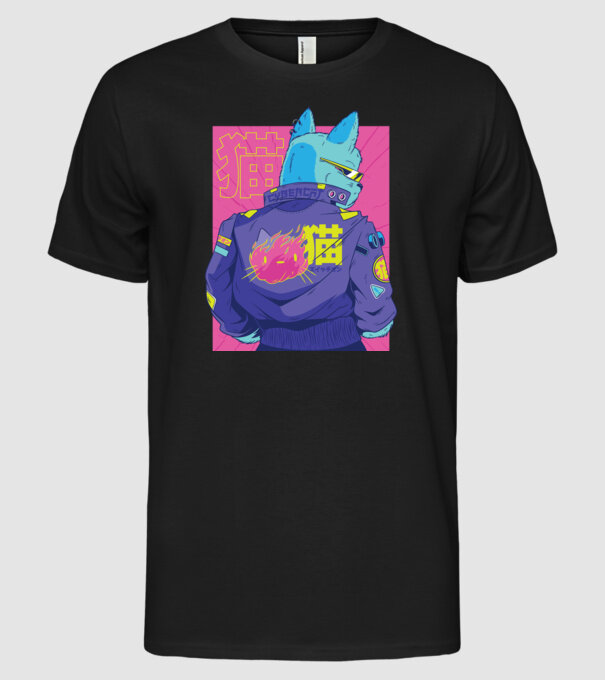 Pisică Cyberpunk model negru pe tricou