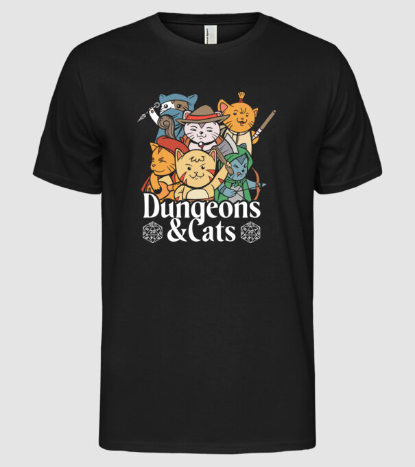 Dungeons and Cats - Joc de rol cu pisici model negru pe tricou