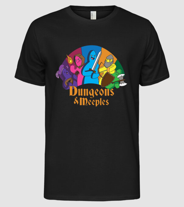 Dungeons Meeples model negru pe tricou