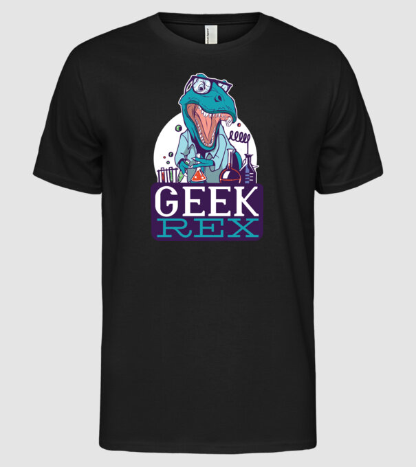 Geek Rex dinozaur tricou model negru pe tricou