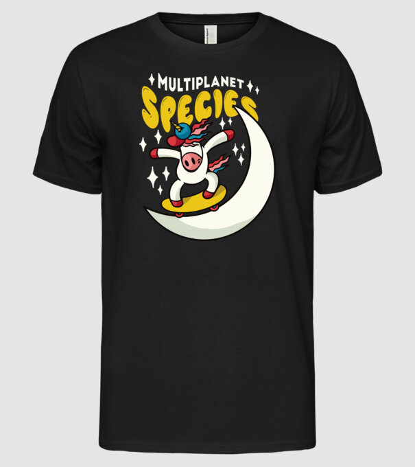 Skateboarding unicorn model negru pe tricou