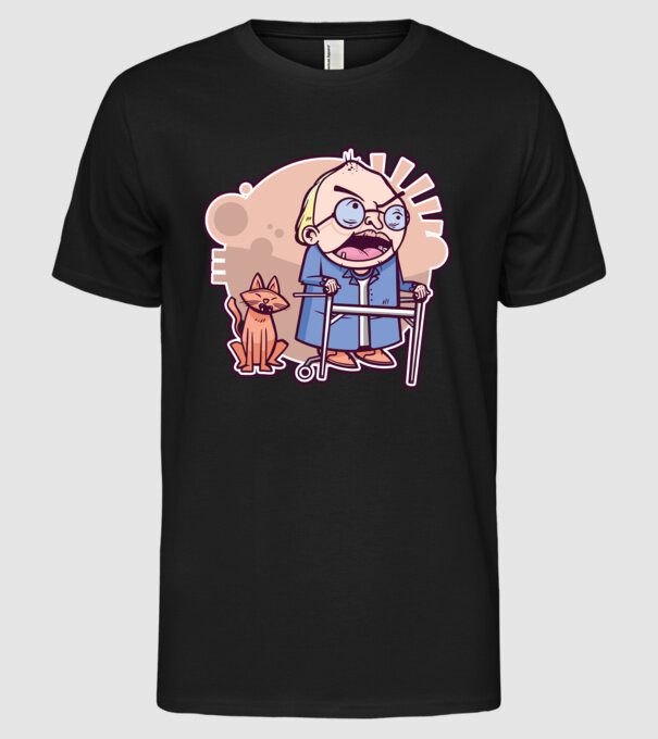Bunic în vârstă cu pisică model negru pe tricou