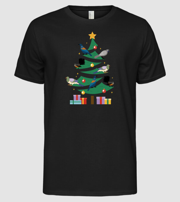 Pom de Crăciun cu păsări model negru pe tricou