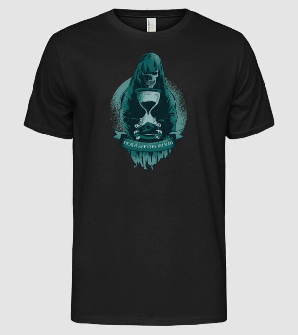Om cu coasă (Moartea?) model negru pe tricou