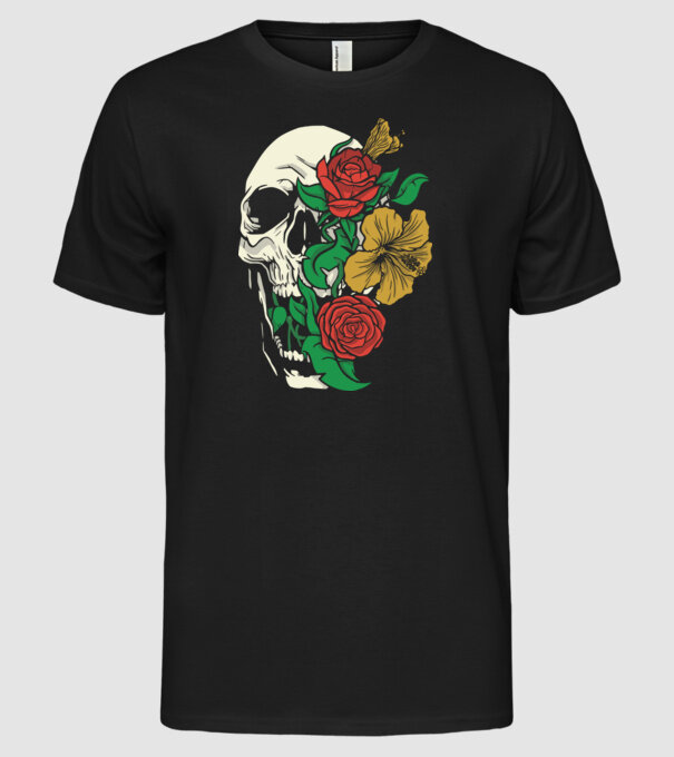 Trandafir craniu model negru pe tricou