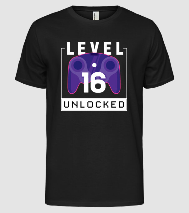 Level 16 Unlocked Gamer Birthday model negru pe tricou