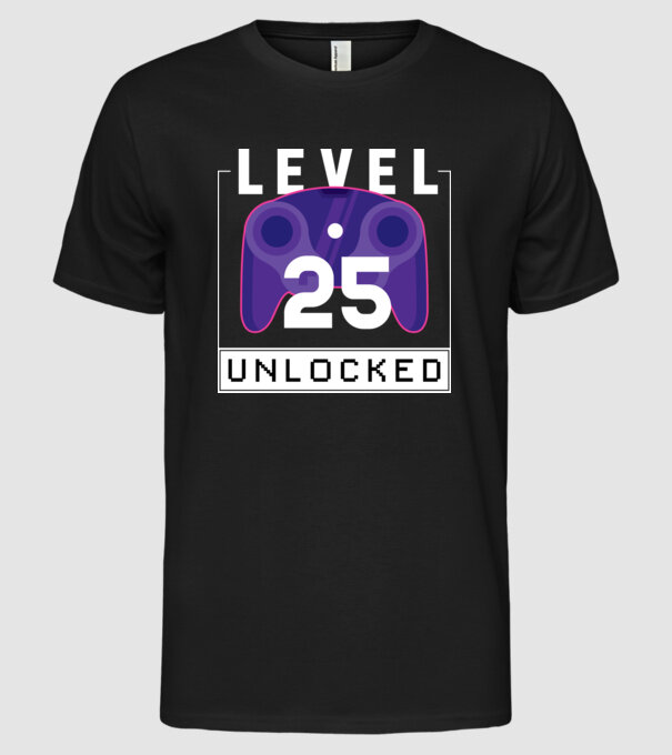 Level 25 Unlocked Gamer Birthday model negru pe tricou