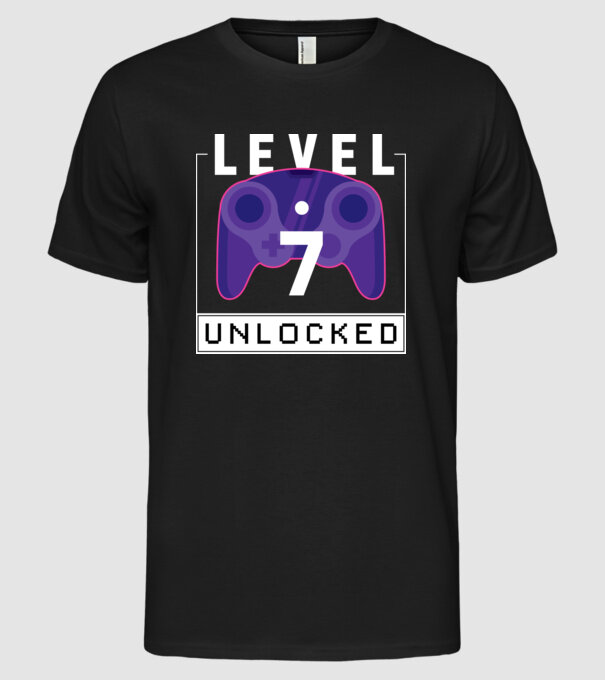 Level 7 Unlocked Gamer Birthday model negru pe tricou