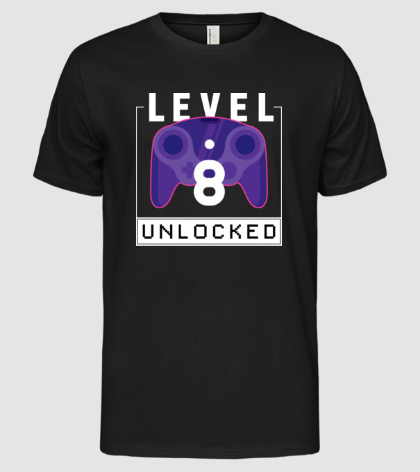 Level 8 Unlocked Gamer Birthday model negru pe tricou