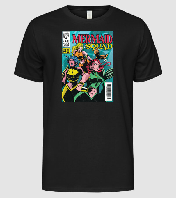 benzi desenate Mermaid Squad model negru pe tricou