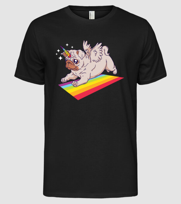 Mops unicorn model negru pe tricou