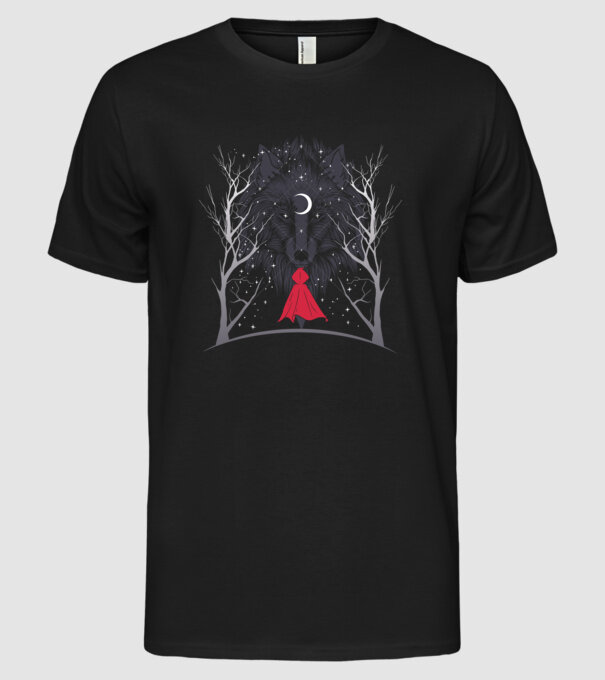 Scufița Roșie și Lupul noaptea tricou model negru pe tricou