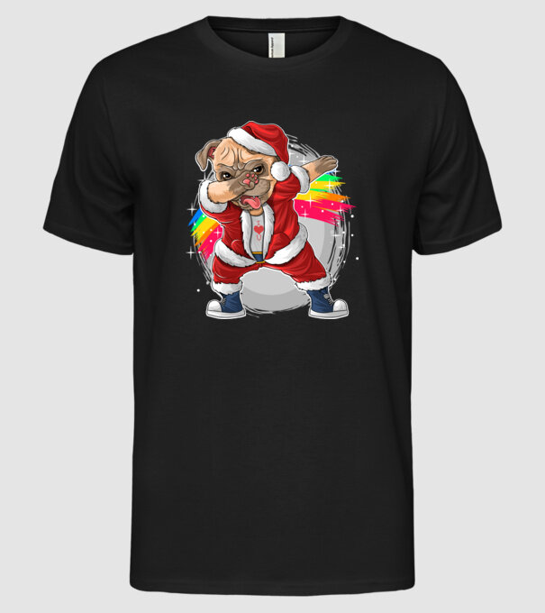Santa Mops Moș Crăciun model negru pe tricou