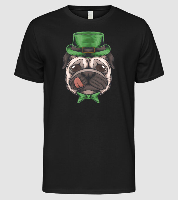 Mops Sfântul Patrick model negru pe tricou
