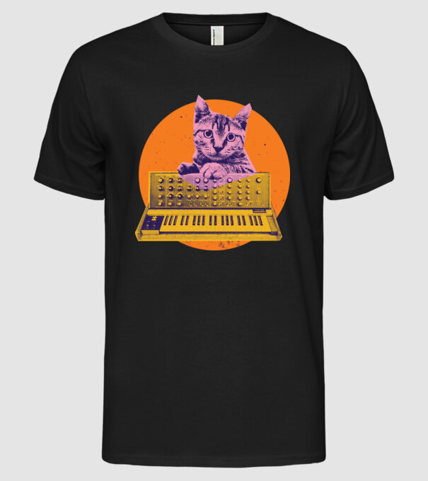 Pisică cu sintetizator model negru pe tricou