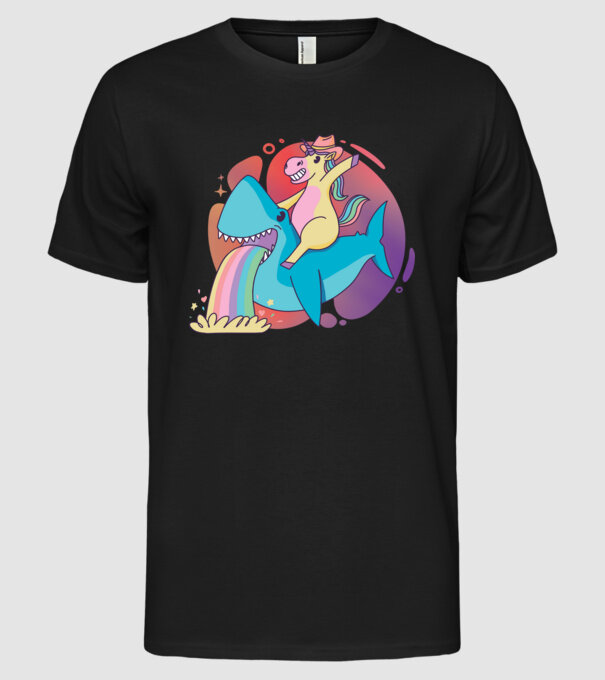 Unicorn pe rechin model negru pe tricou
