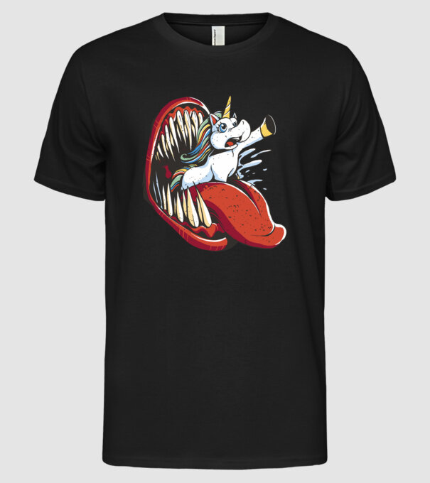 În gura monstrului Unicorn model negru pe tricou