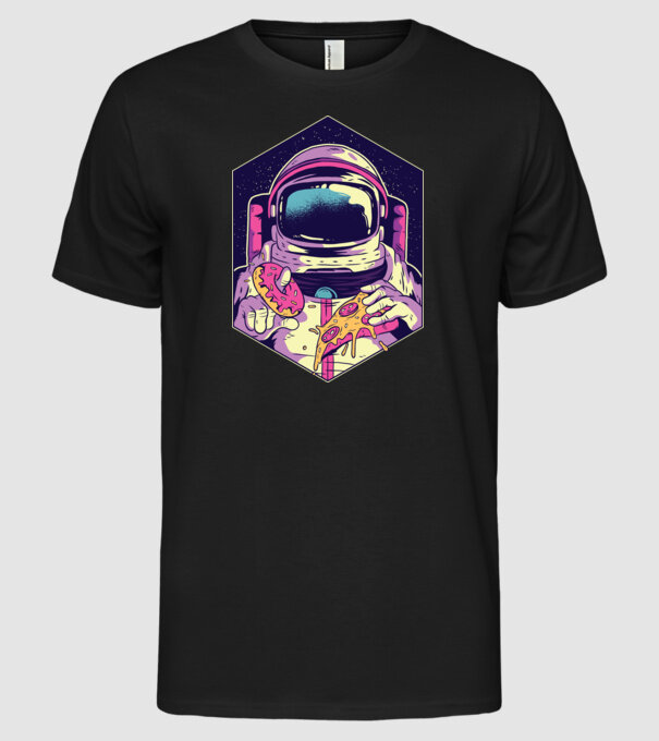 Astronaut Gogoașă și Pizza model negru pe tricou
